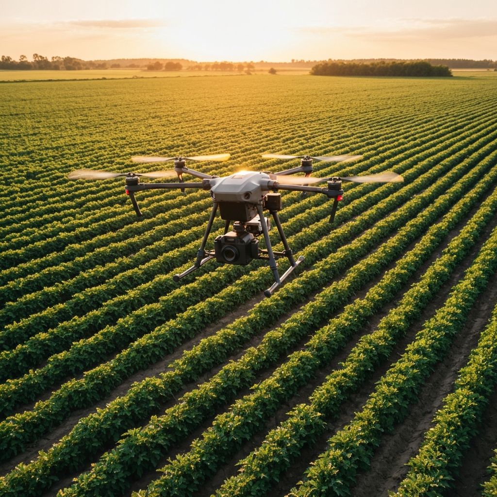 Drone agricola sobrevoando lavoura verde